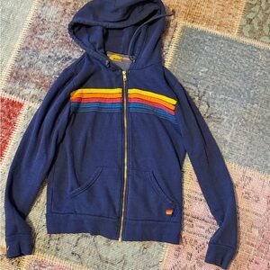 Aviator Nation Blue Hoodie with Rainbow Stripes